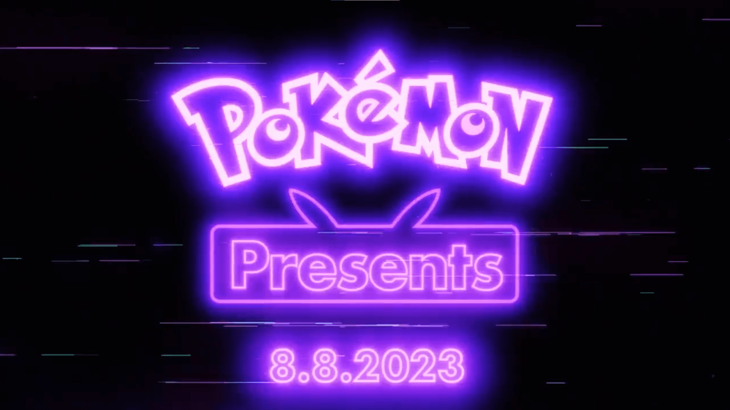 An advertisement for the Pokémon Presents on a black background with neon purple lettering