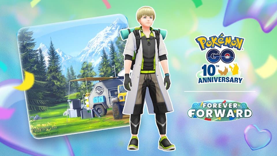 Pokemon GO 10th anniversary logo with the new Professor Willow outfit