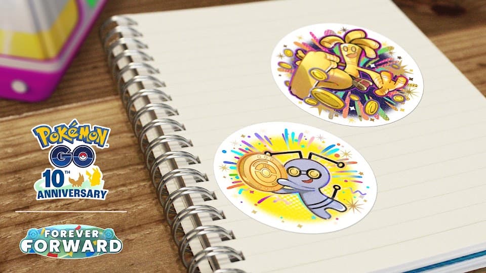 Pokemon Go 10th anniversary logo next to Gimmighoul and Gholdengo stickers