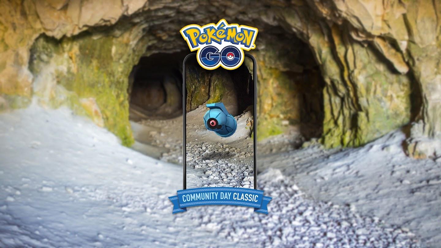 Beldum in a cave with the Pokemon Go logo and the banner for "Community Day Classic"