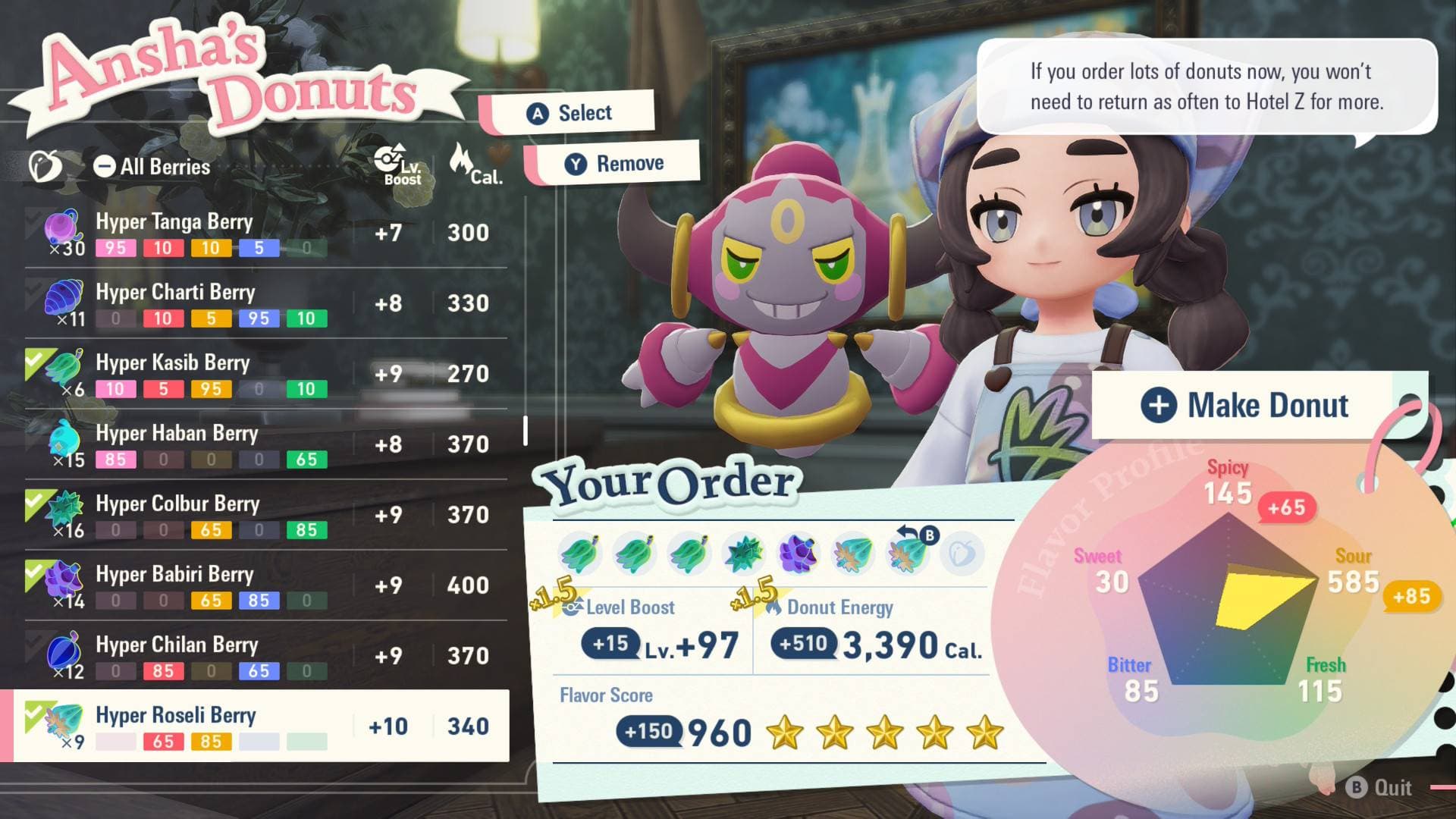 A great donut recipe requiring only 7 berries instead of 8, shows multiple berries i na menu and then Ansha and Hoopa above the final order screen showing a 5-star berry result