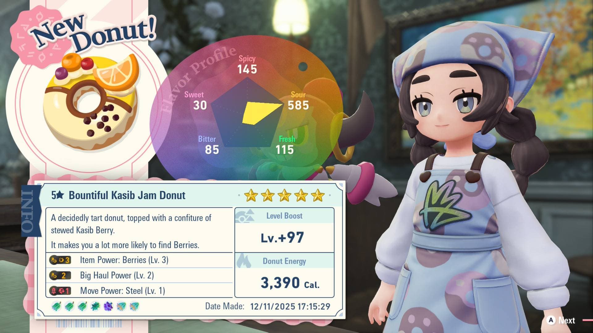 A resulting donut called Bountiful Kasib Jam donut with Ansha standing next to it