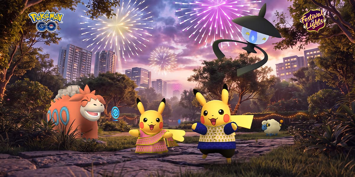 Pikachu and Camerupt and Lampent in front of fire works for the Festival of Lights 20206