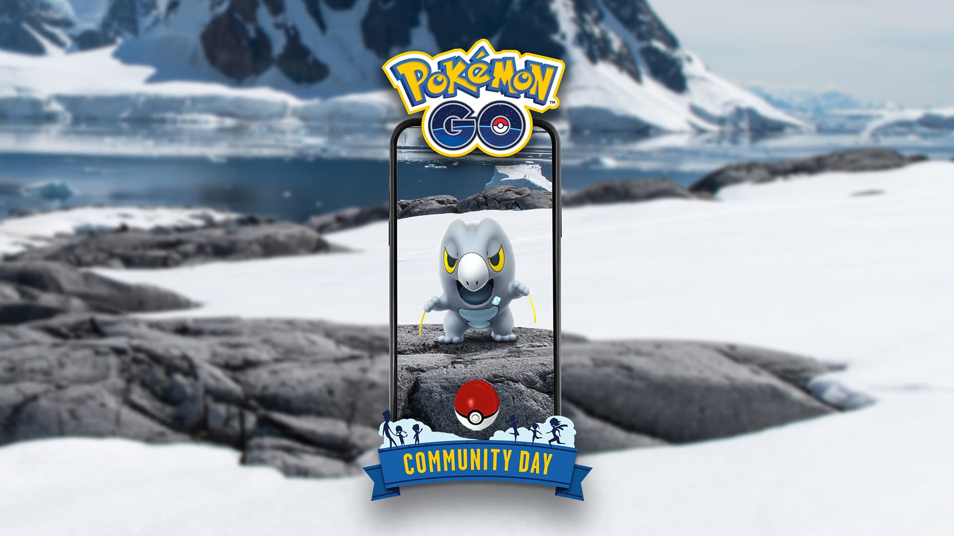 Frigibax on a rock surrounded by snow and glaciers with the Pokemon Go Community Day logo
