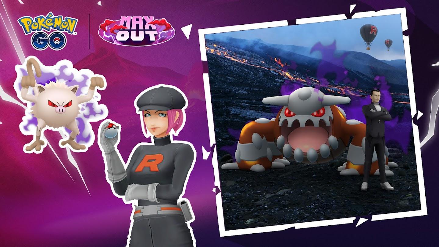 Pokémon GO banner for the Galarian Takeover event for Team Rocket featuring Manky, a grunt, and Shadow Heatran