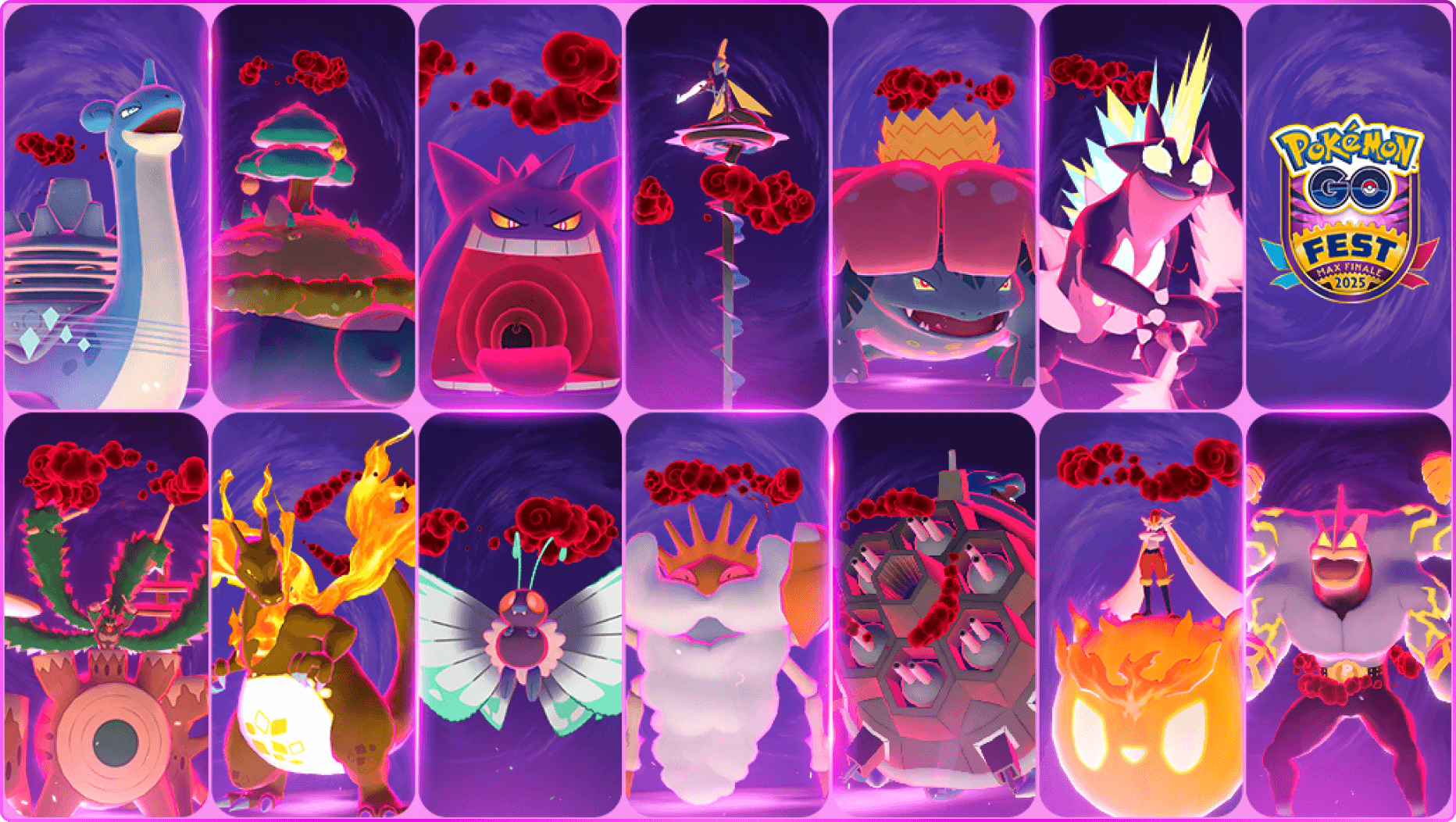 All returning Gigantamax pokemon, from left to right starting at the top: Lapras, Snorlax, Gengar, Inteleon, Venusaur, Toxtricity, Go Fest Logo, Rillaboom, Charizard, Butterfree, Kingler, Blastoise, Cinderace, and Machamp