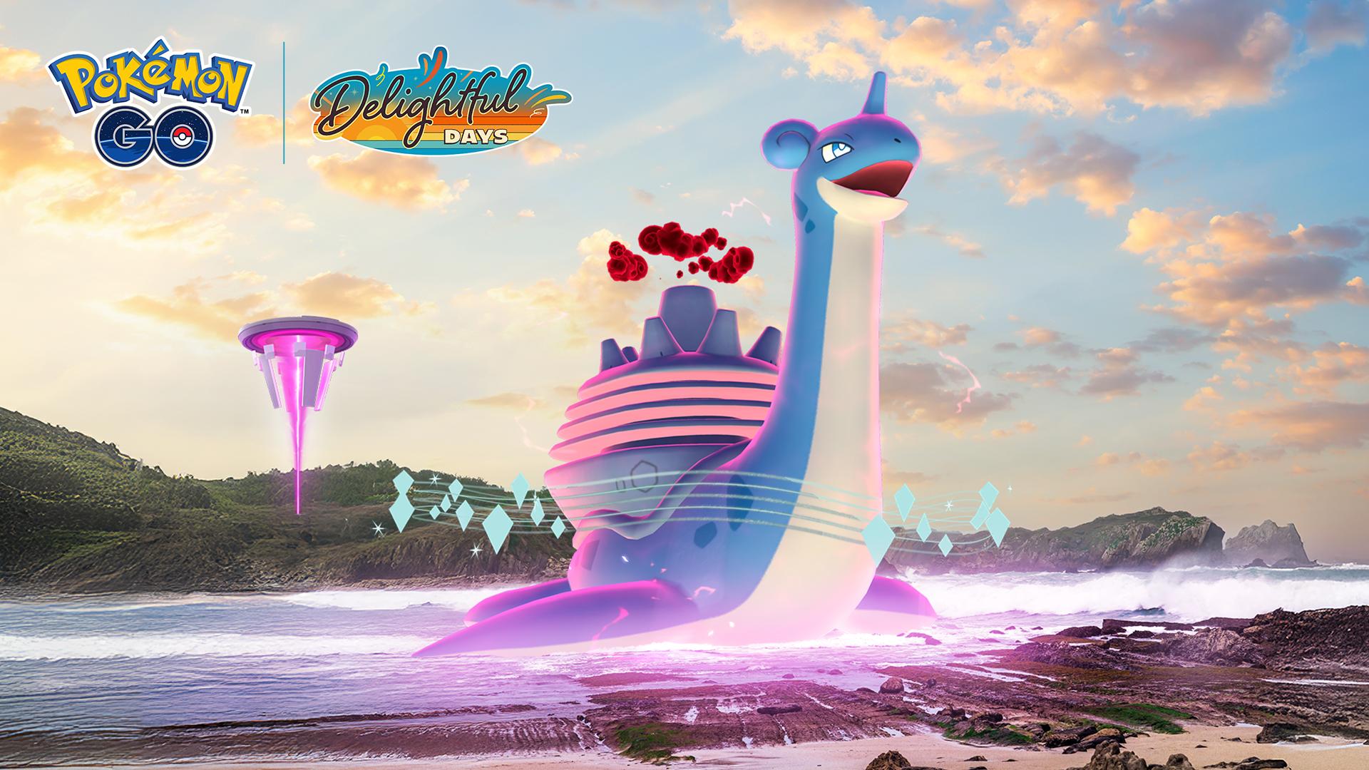 Gigantamax Lapras at a shoreline with the Delightful Days logo for Pokemon Go up at the top