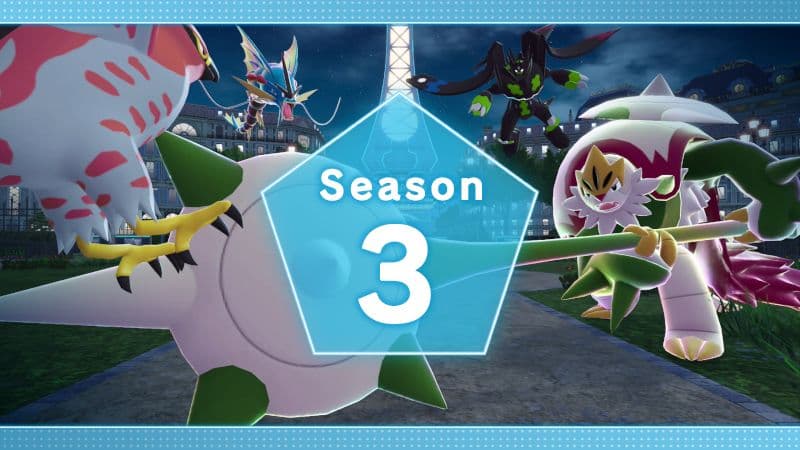 season 3 banner for legends z-a ranked battles. Features mega Chesnaught in the background with several other pokemon