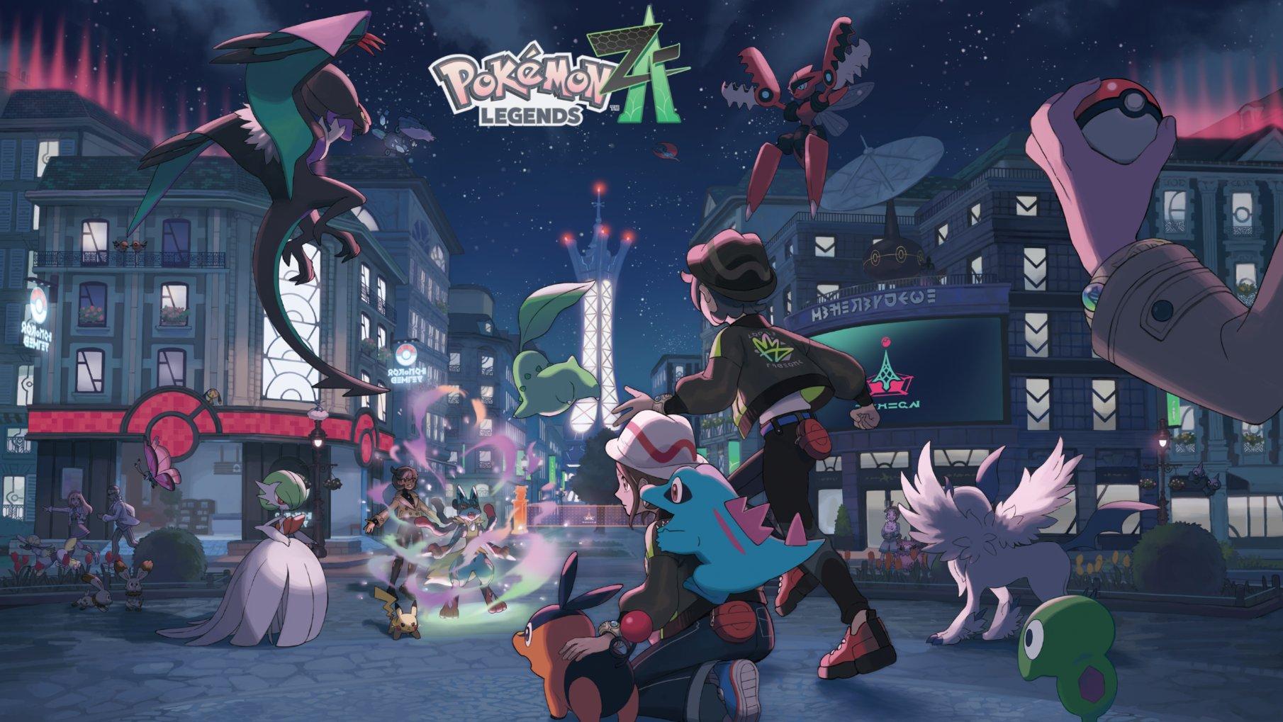 A banner image for Legends: Z-A featuring many Pokemon at night along with their trainers in the city