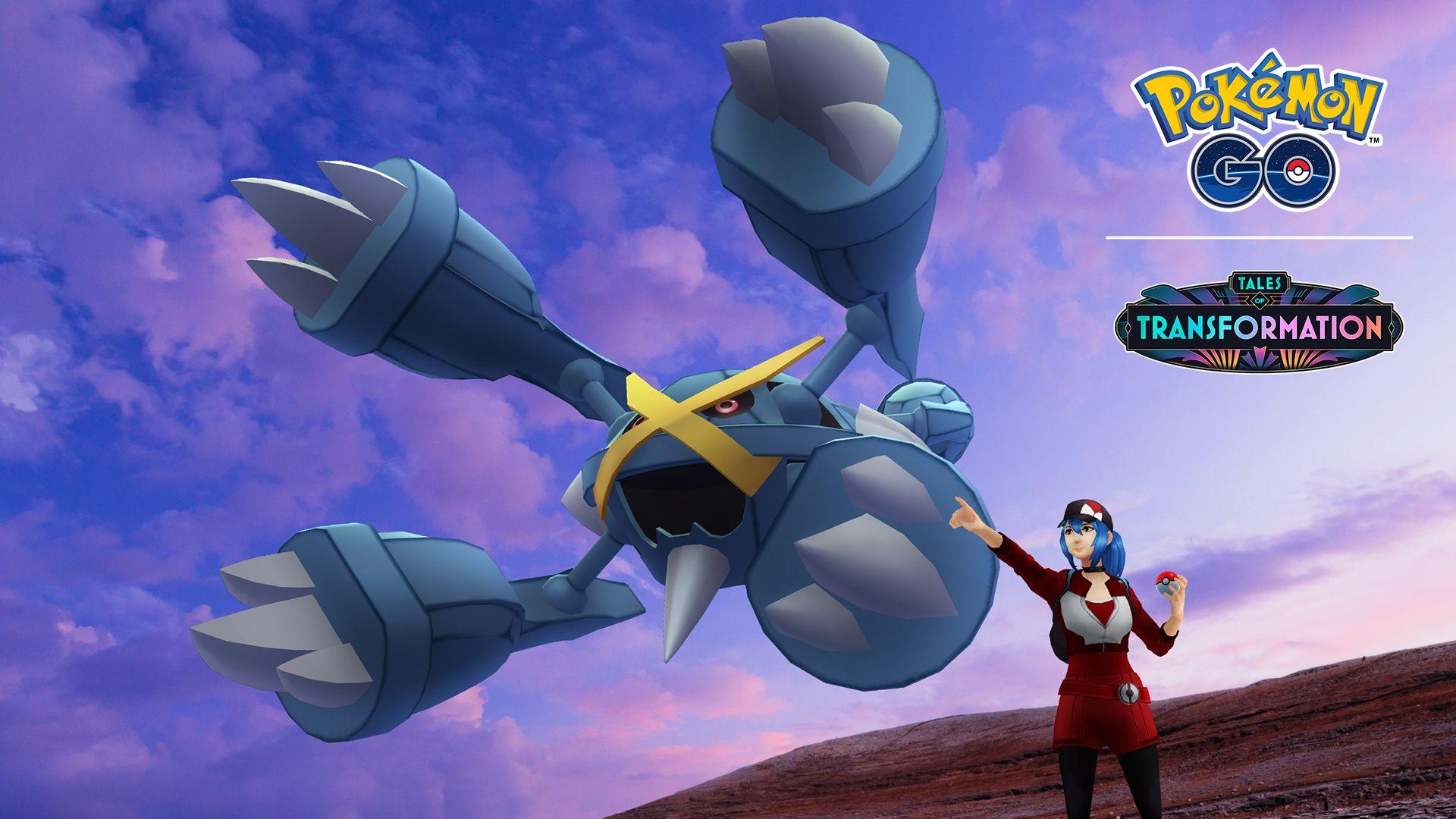 Mega Metagross alongside its trainer with a sky background
