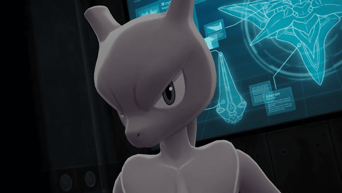 Mewtwo in front of a computer monitor