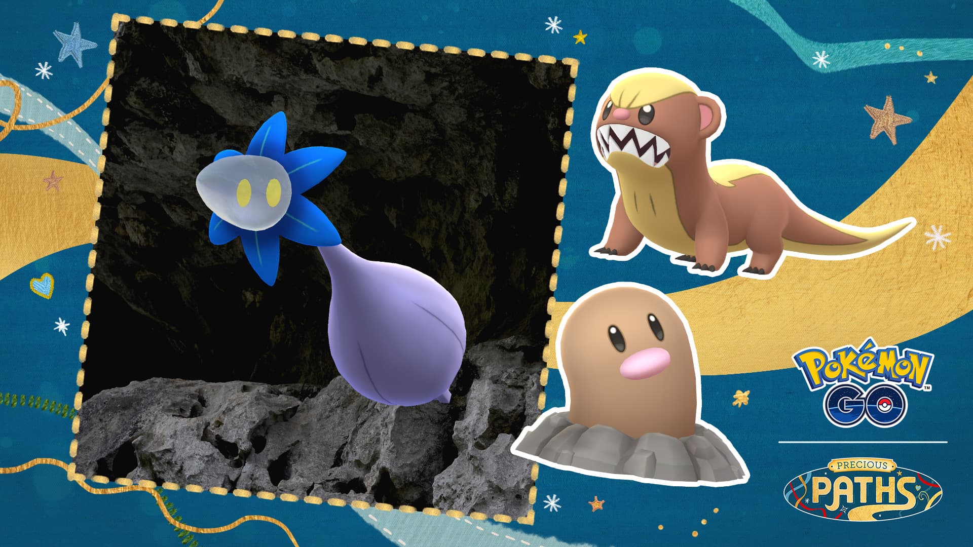 Glimmet in a picture frame in front of a cave with Yungoos and Diglett to the side