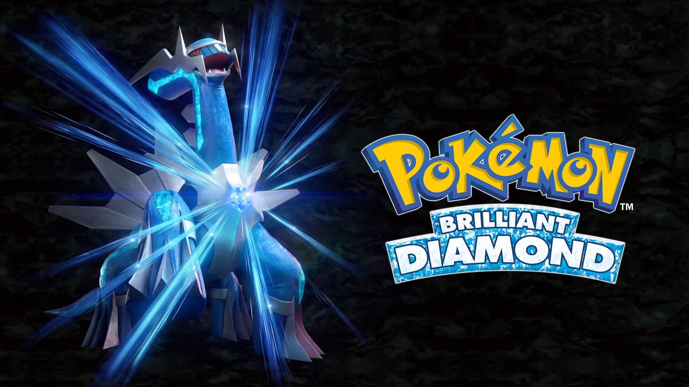 A banner for Pokemon Brilliant Diamond featuring Dialga on the left and the words Pokemon Brilliant Diamond on the right