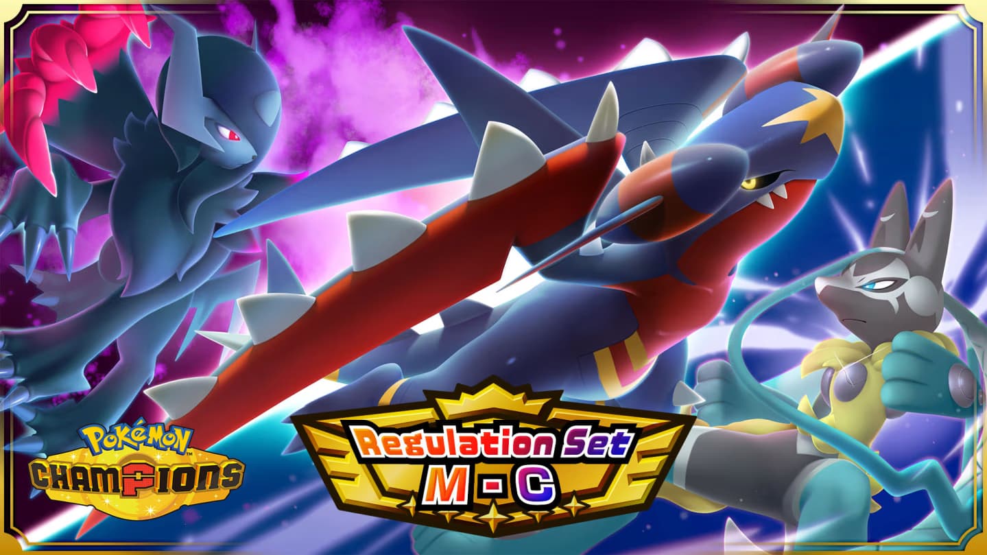 Pokemon Champions banner for Regulation M-C with Mega Absol Z, Mega Garchomp Z, and Mega Lucario Z