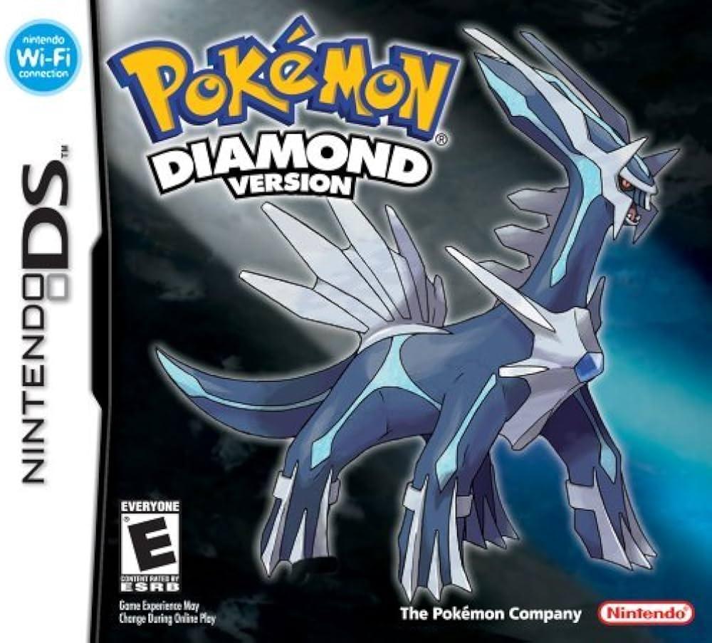 The boxart for Pokemon diamond featuring Dialga on a blue and silver background.