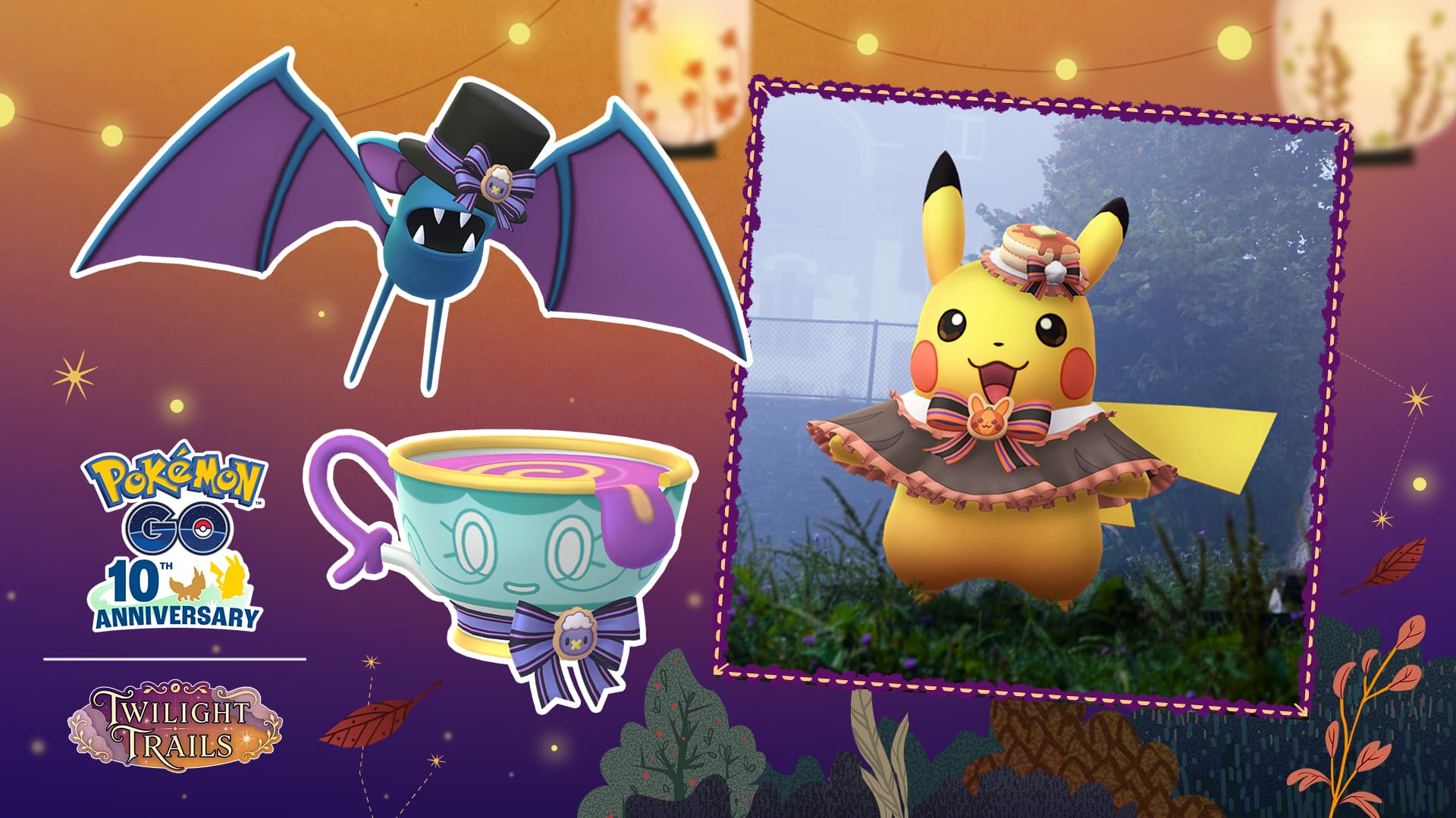 Zubat in a tophat, sinistea with a ribbon, and pikachu in a cute outfit for pokemon go's halloween part i