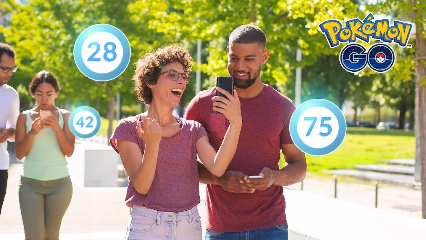 Several trainers in a park playing Pokémon GO, there are blue circles with the numbers inside for what their current levels are