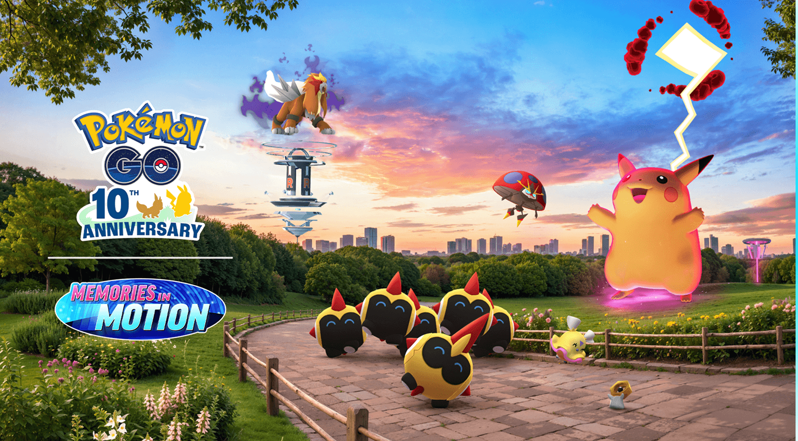 An image of Falinks, Pikachu, Orbeetle, and Entei in a city park with the Pokemon Go anniversary logo and Memories in Motion