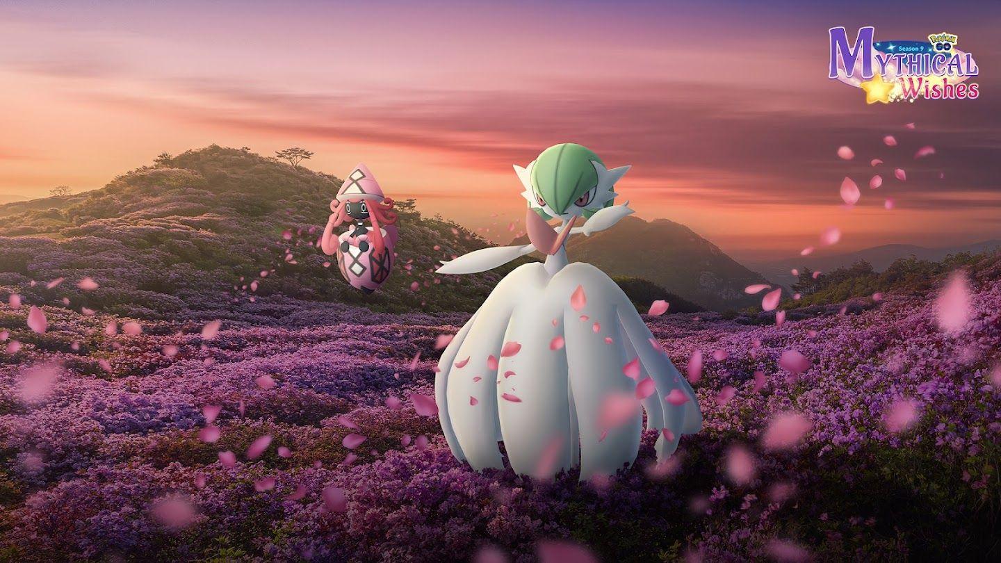 Mega Gardevoir and Tapu Lele in a flower field