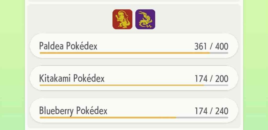 A screenshot from Pokemon HOME showing the completion progress of the Scarlet and Violet Pokedexes