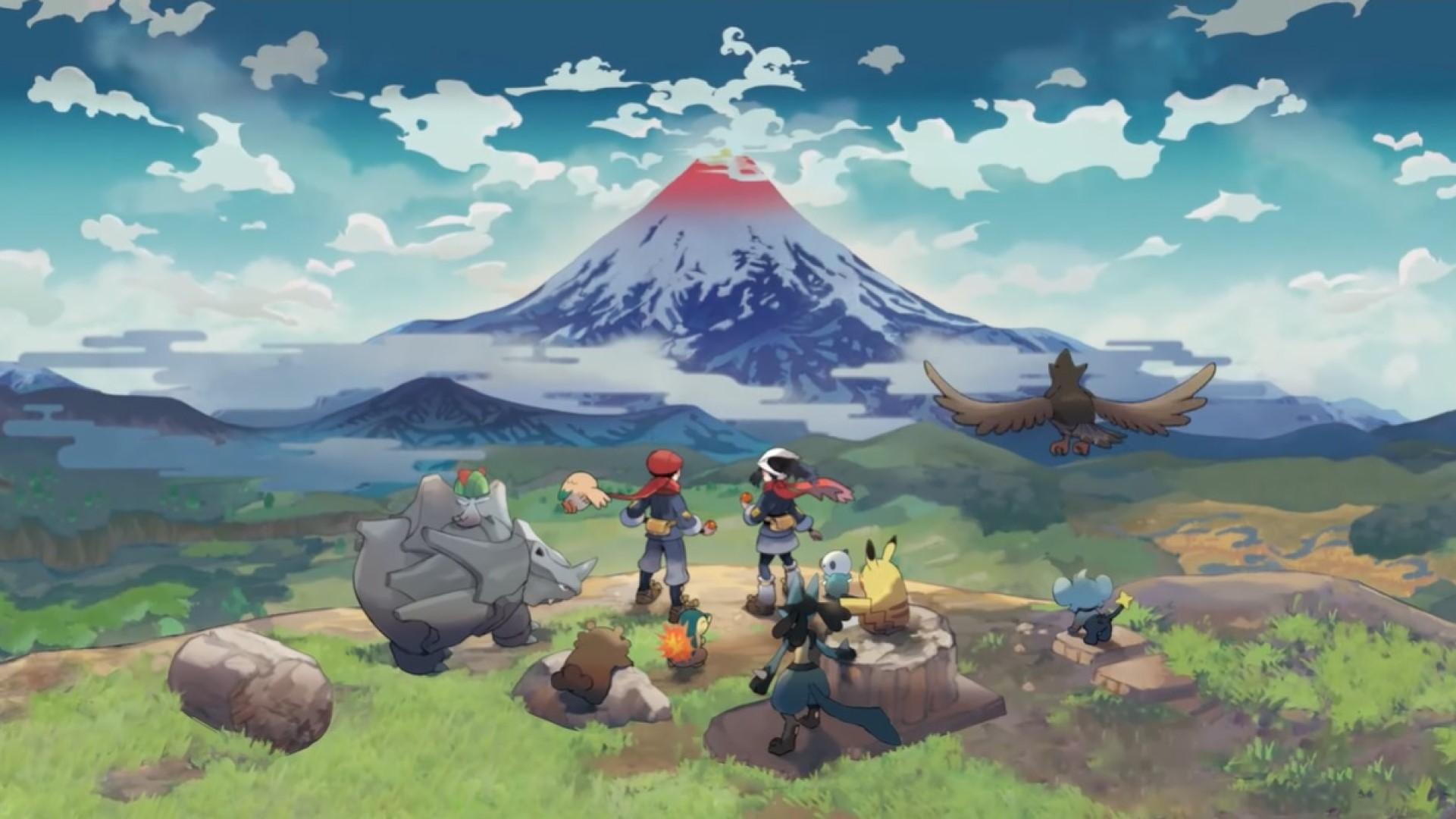 Mount Sinnoh with two Pokémon trainers surrounded by Pokémon on a hill looking over the valley