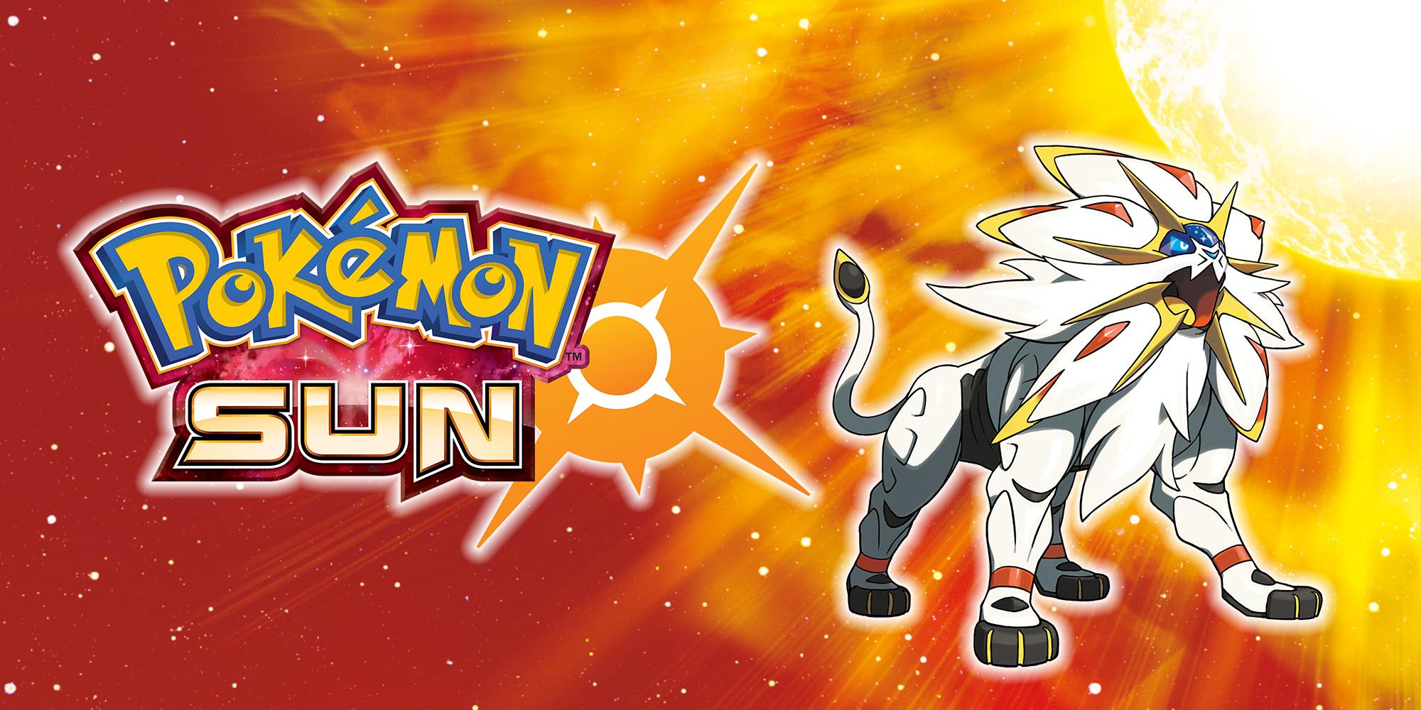 A banner image for Pokemon Sun featuring the text "Pokemon Sun" on the left and Solgaleo on the right