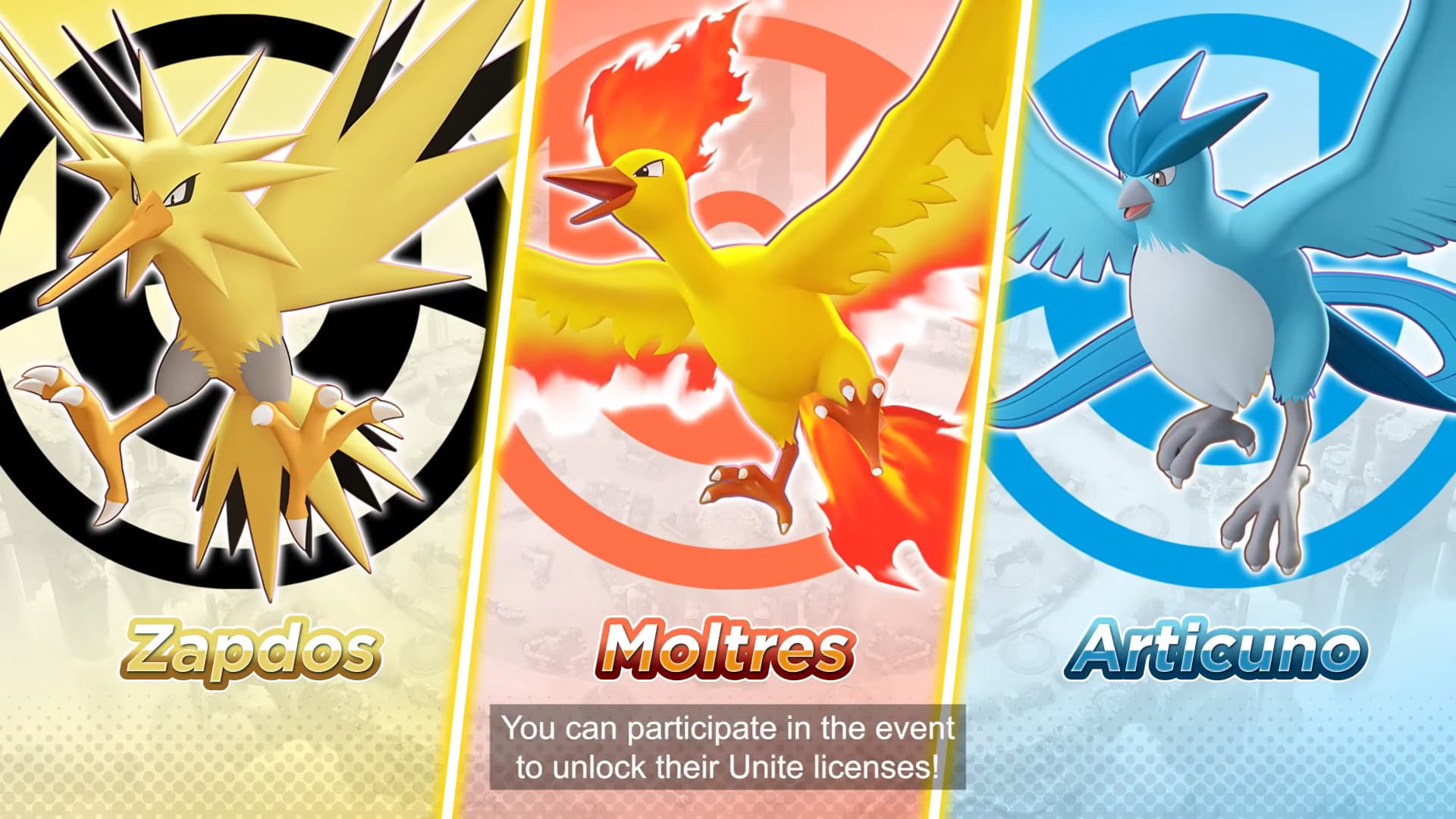 zapdos, moltres, and articuno in pokemon unite