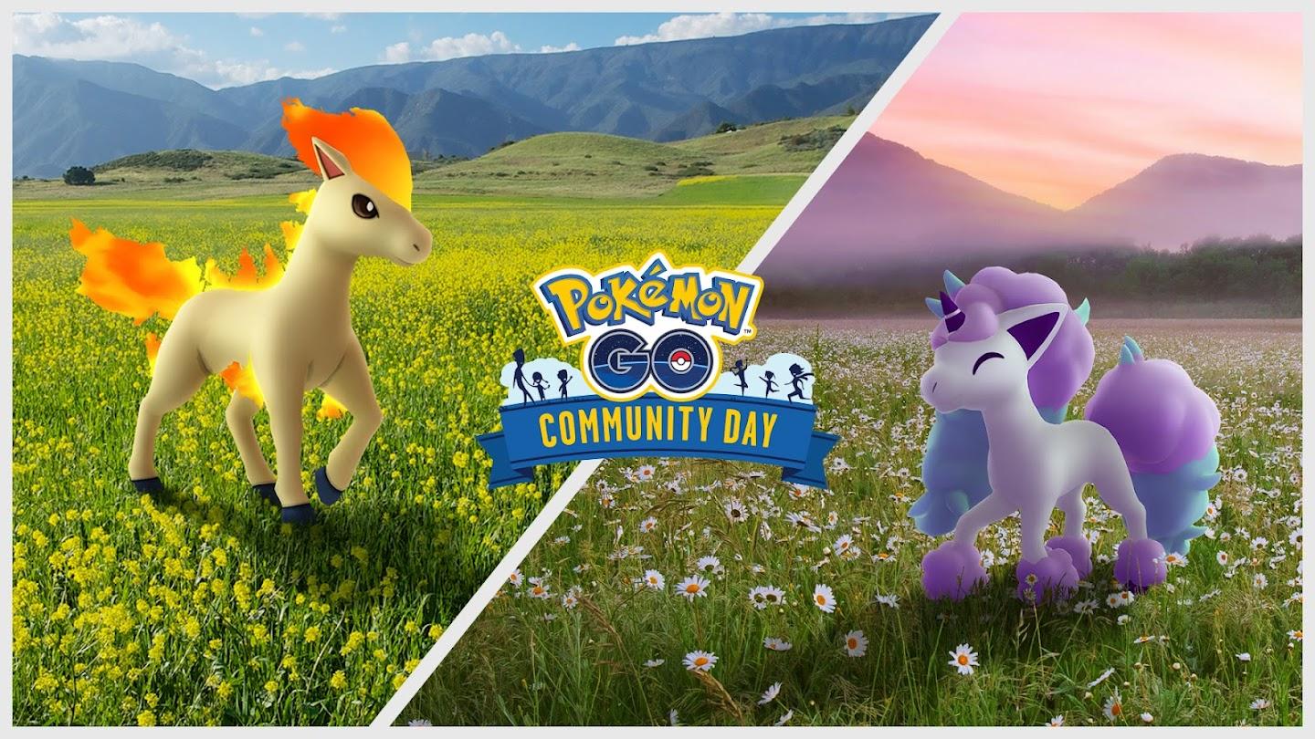 Ponyta and Galarian Ponyta in fields of flowers with the Pokemon Go Community Day logo