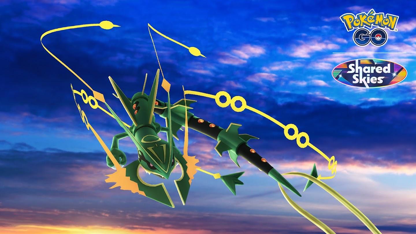 Mega Rayquaza from Pokemon GO on a beautiful sky background