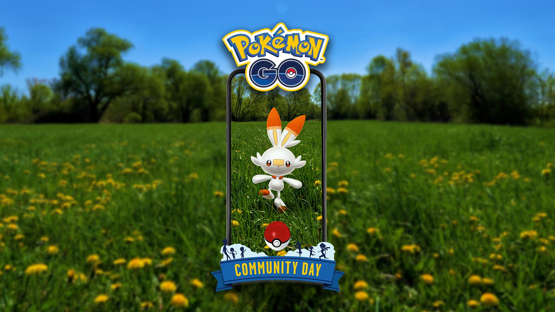 Scorbunny in a field of flowers for Pokemon Go Community Day