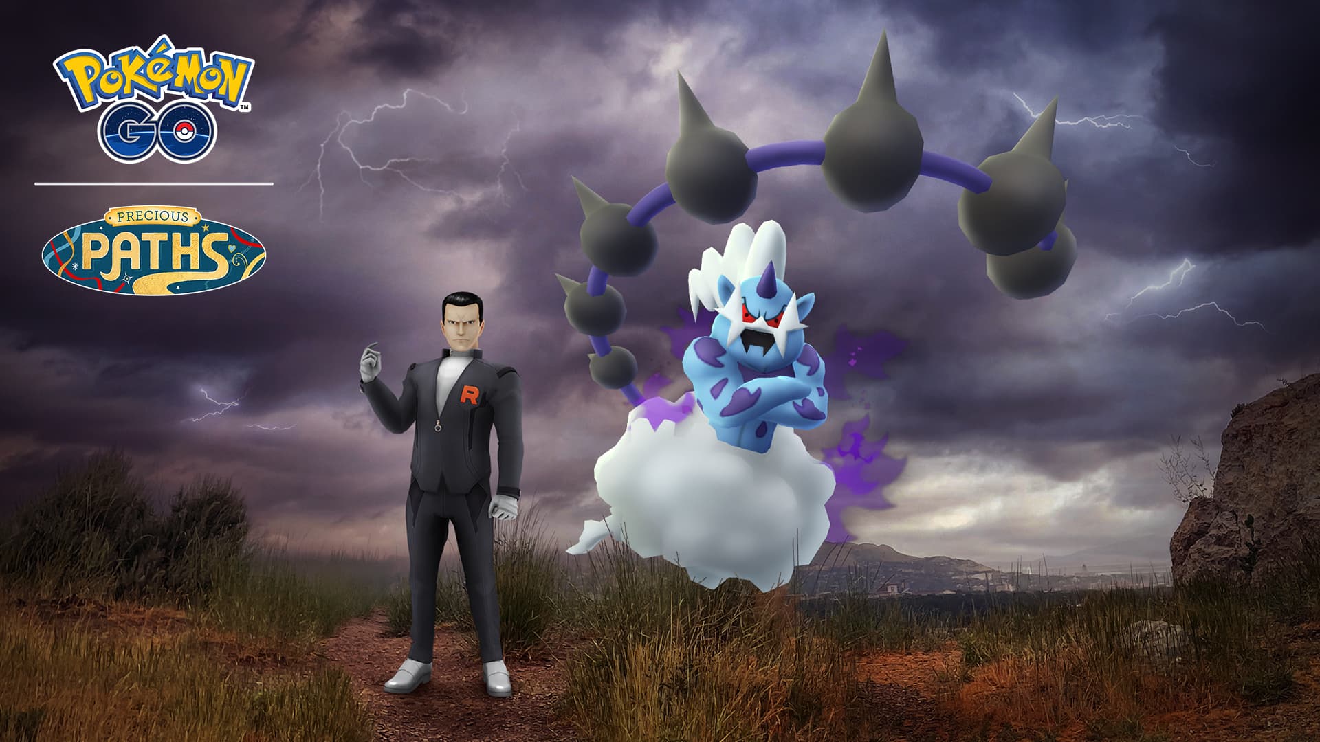 Giovanni and Shadow Incarnate Forme Thundurus standing in a field with a storm behind them