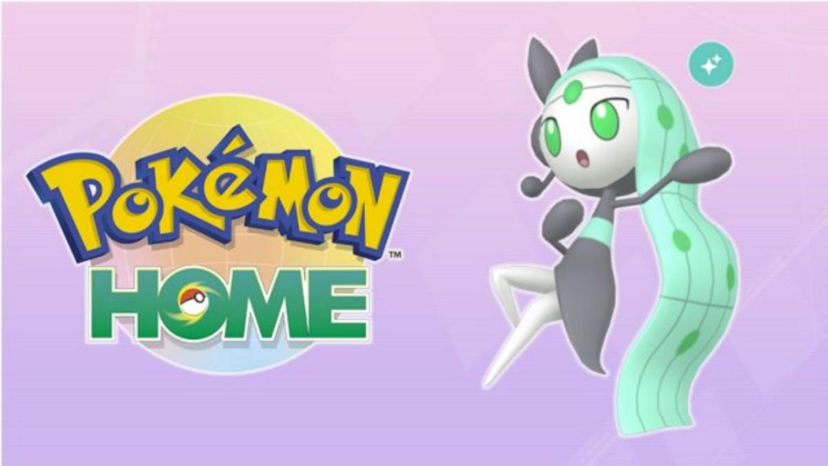 The Pokémon HOME logo next to Shiny Meloetta on a purple background