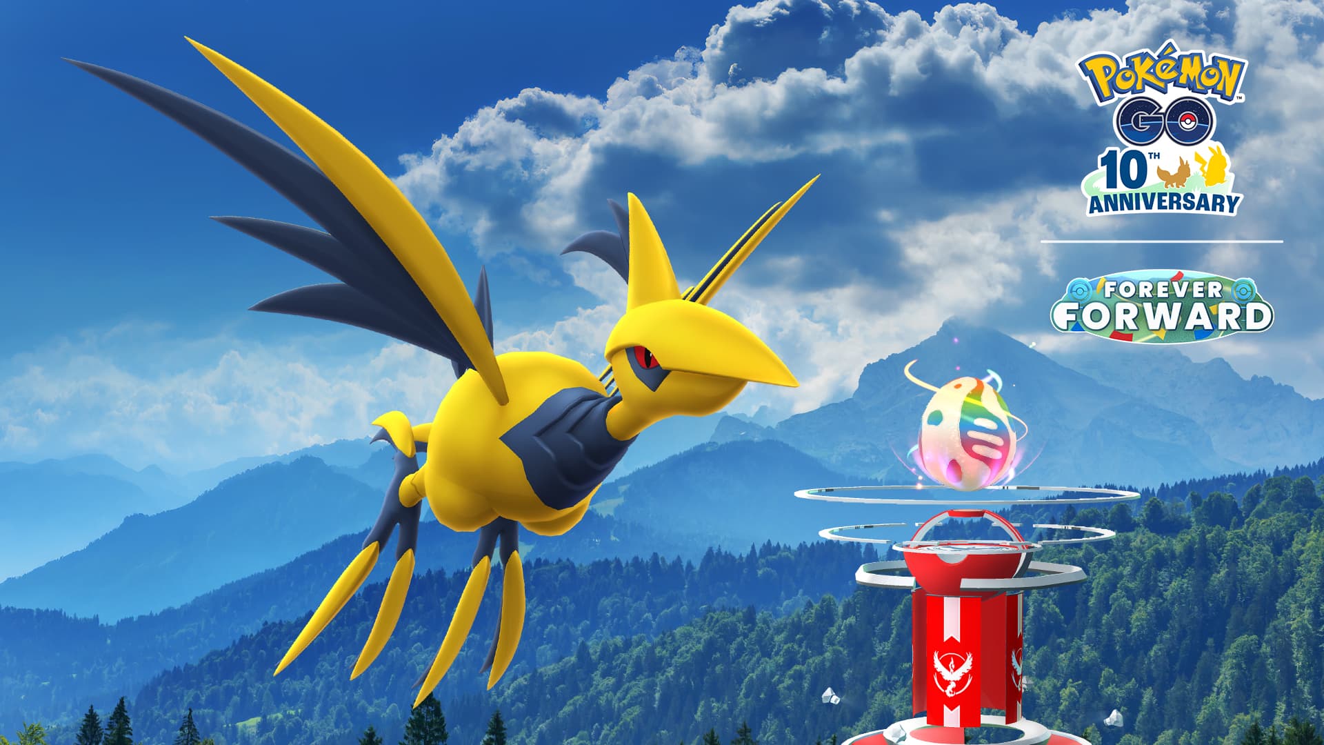 Mega Skarmory in front of a forest background with a super mega raid battle spawning at a gym