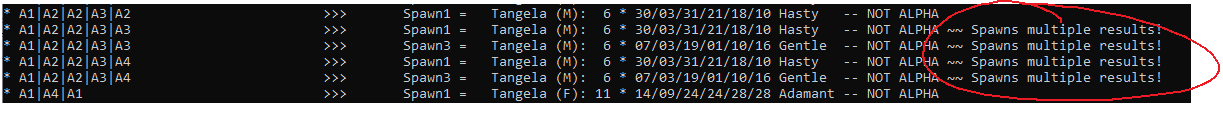 A sample output of the program for a Tangela with multiple results