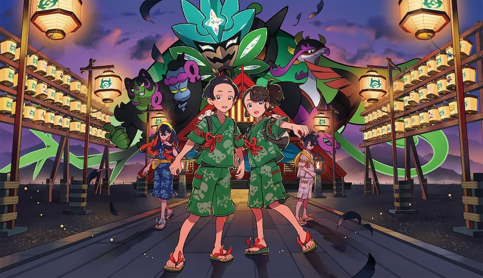 An image featuring the trainer for Scarlet and Violet with Ogerpon's mask above, they are in the middle of a japanese celebration