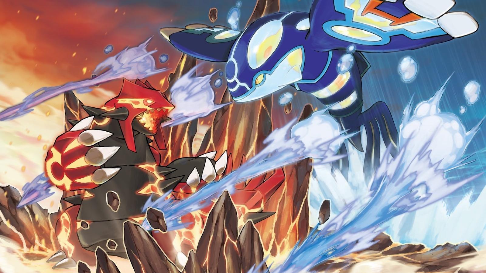 Primal Groudon and Primal Kyogre fighting in Pokemon Omega Ruby and Alpha Sapphire