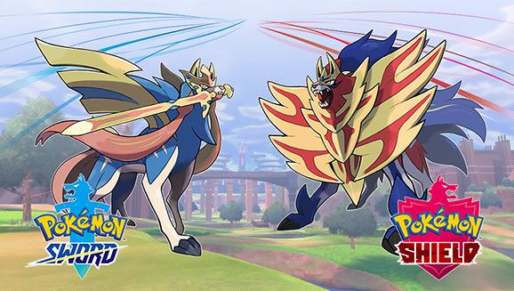 Zacian and Zamazenta in front of the Wild Area in Pokémon Sword and Shield with the accompanying logos