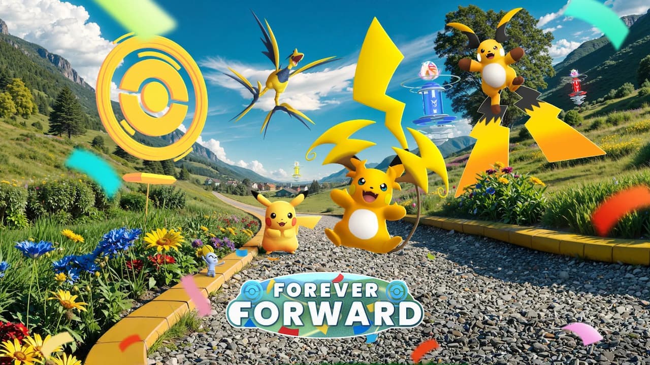 the Forever Forward season featuring Pikachu, Mega Raichu X, Mega Raichu Y, Mega Skarmory, and lots of flowers on a nature walk.
