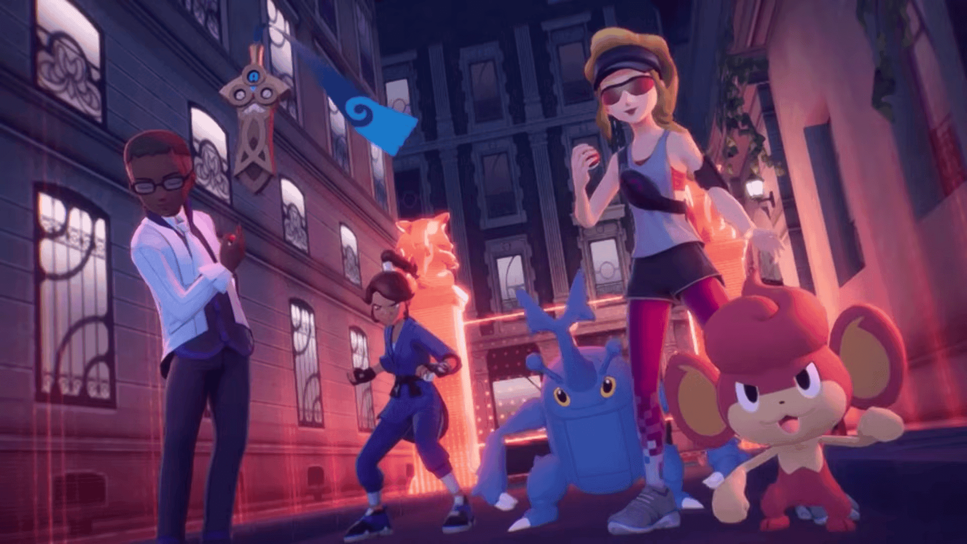 trainers in legends z-a at night with a variety of pokemon and outfits ready for battle