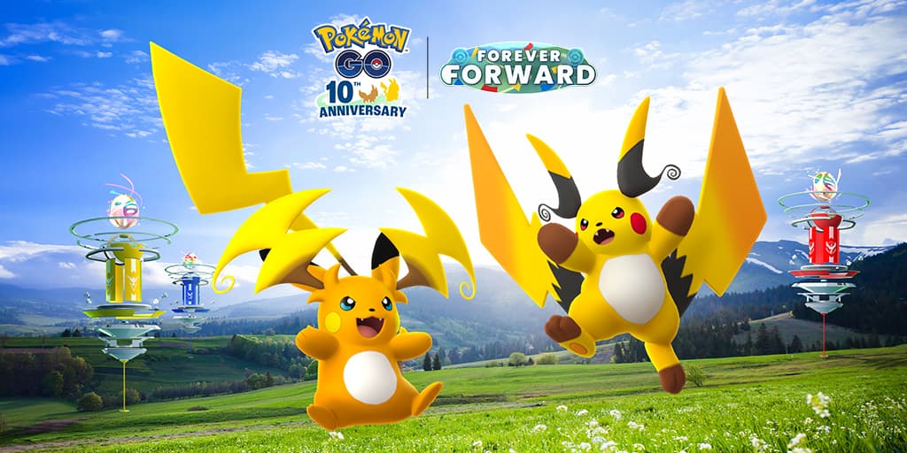 Mega Raichu X and Mega Raichu Y on a grassy background with the Pokemon GO logo ready for action!