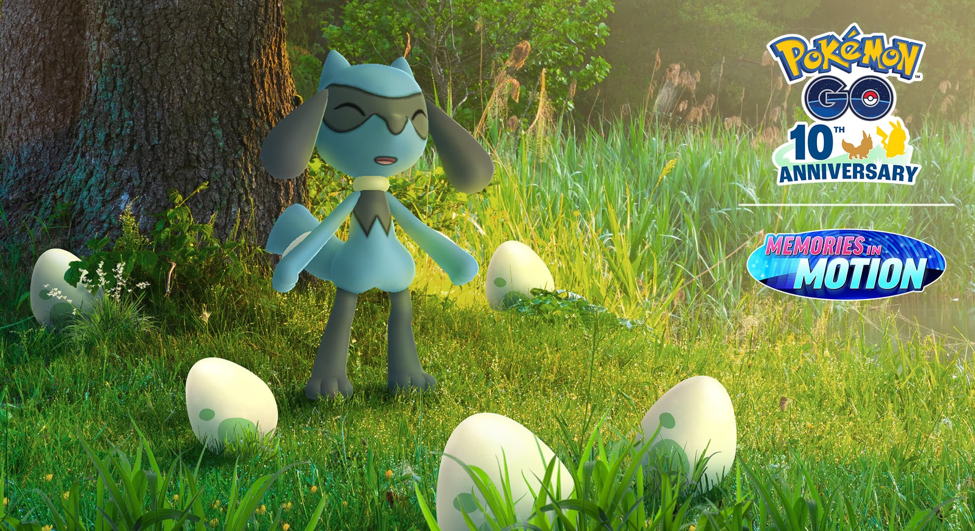 A little riolu in a forest surrounded by eggs for Riolu Hatch Day Replay
