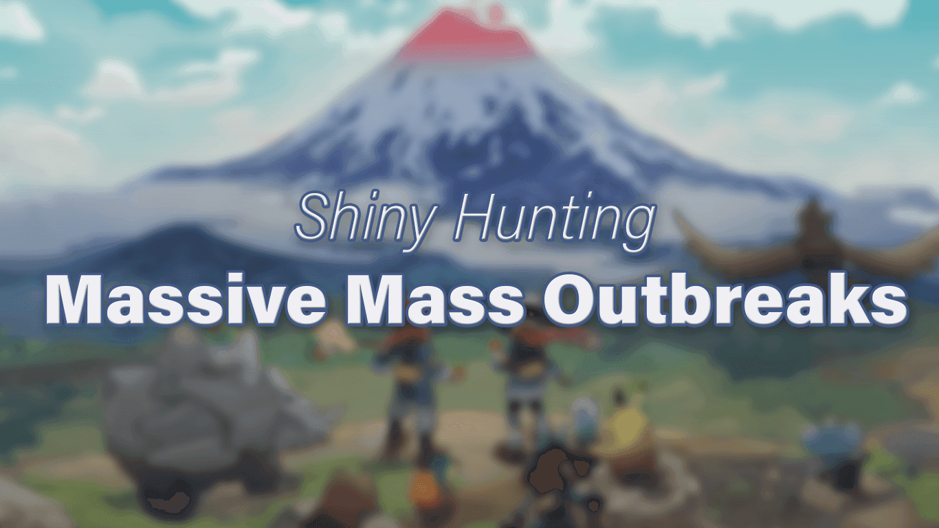 Mount Sinnoh with two Pokémon trainers surrounded by Pokémon behind text that reads "Shiny Hunting Massive Mass Outbreaks"