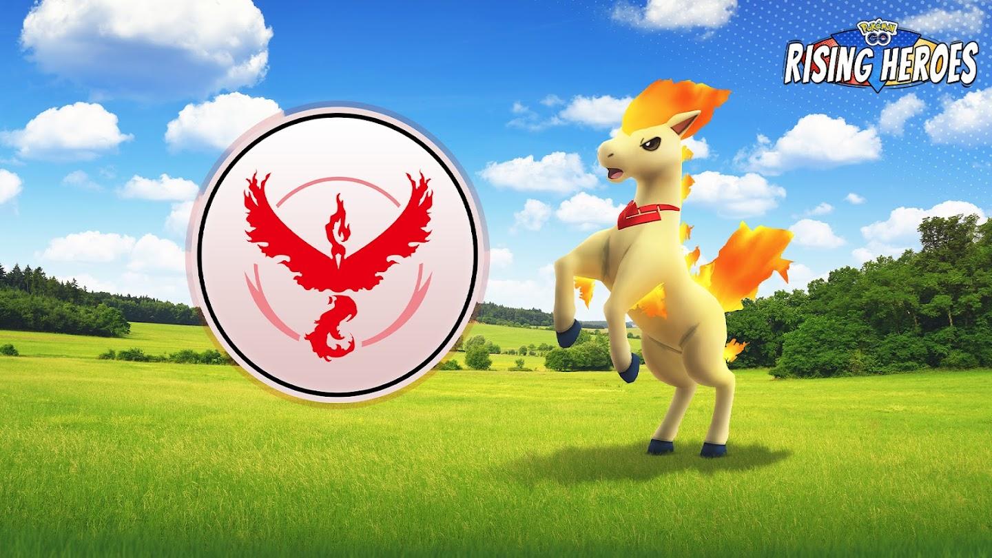 Ponyta with a red collar next to a medallion featuring the team Valor logo all in front of a green field