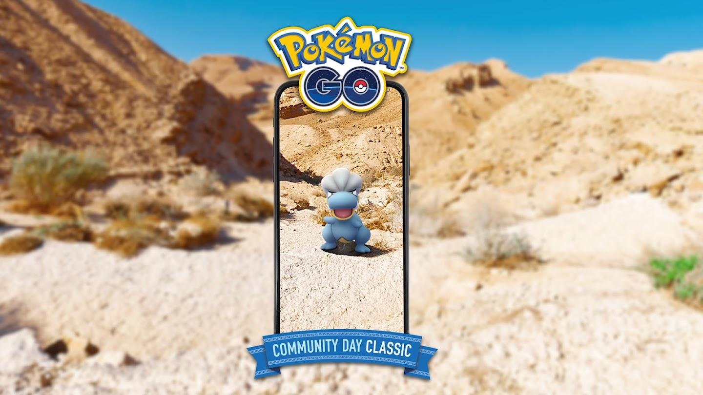 Bagon in a rocky desert terrain, the Pokémon GO logo is on top and the words "Community Day Classic" appear below