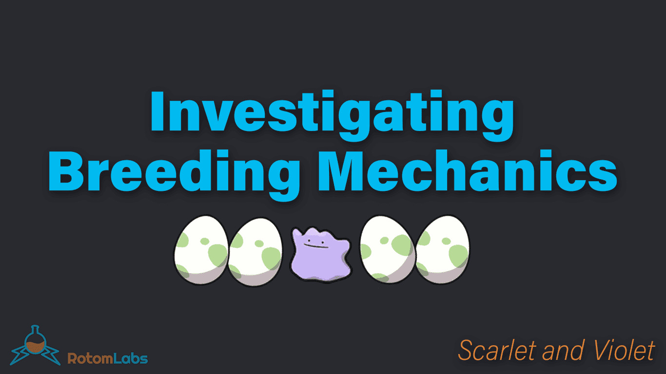 A banner image stating "Investigating Breeding Mechanics" with Ditto surrounded by eggs. Also, the RotomLabs logo and "Scarlet and Violet" appear at the end