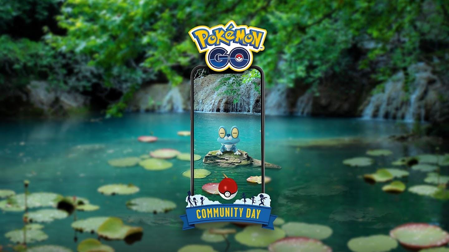 Froakie in a serene pool advertising Pokémon GO community day