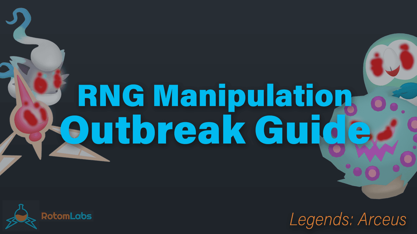A banner image stating "RNG Manipulation Outbreak Guide" with a shiny alpha Zoroua, Rotom, Spiritomb, and Rowlett with the RotomLabs logo