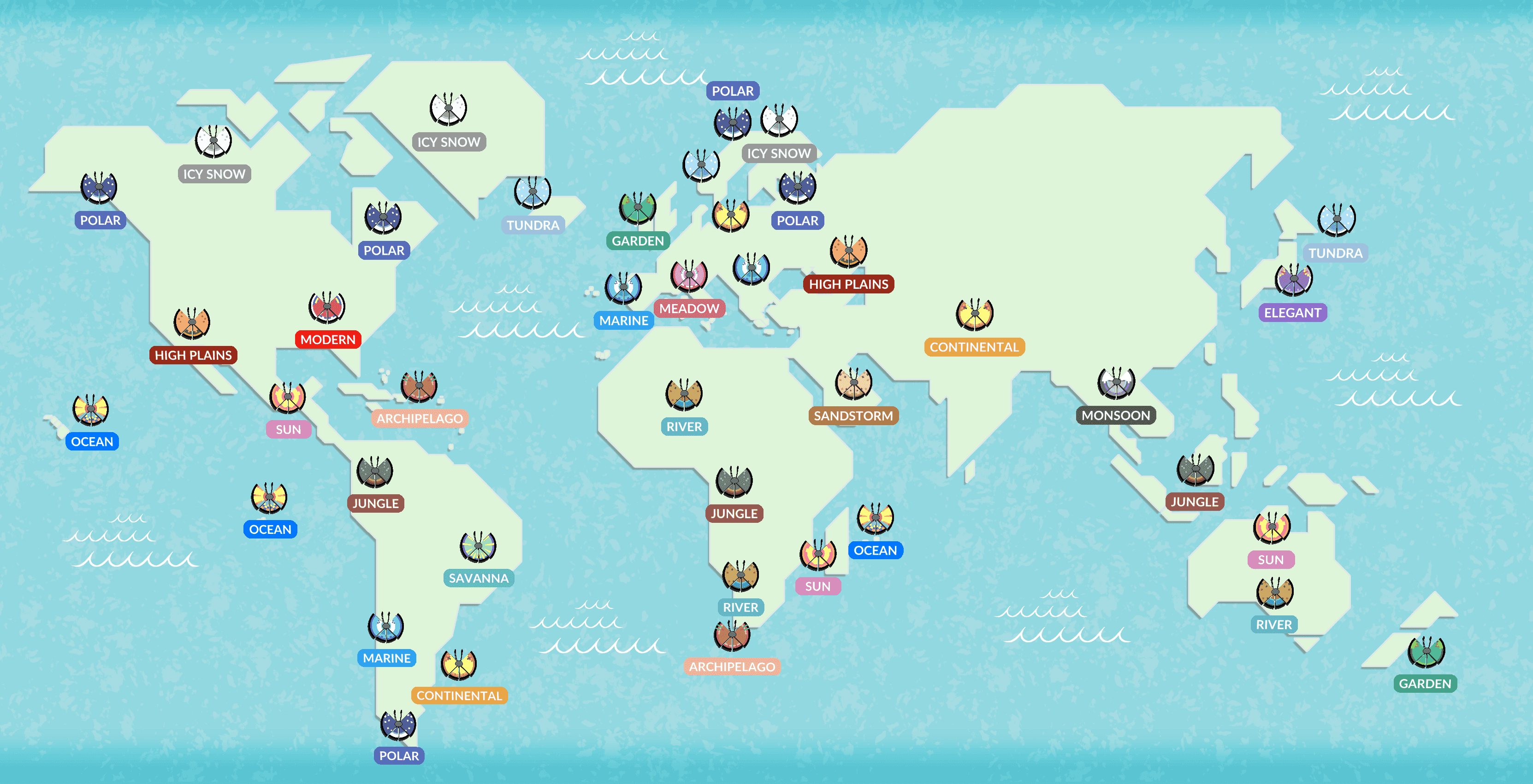 A map of the world from Pokémon GO developers: Niantic. It shows all of the different locations the different forms of Vivillon are from